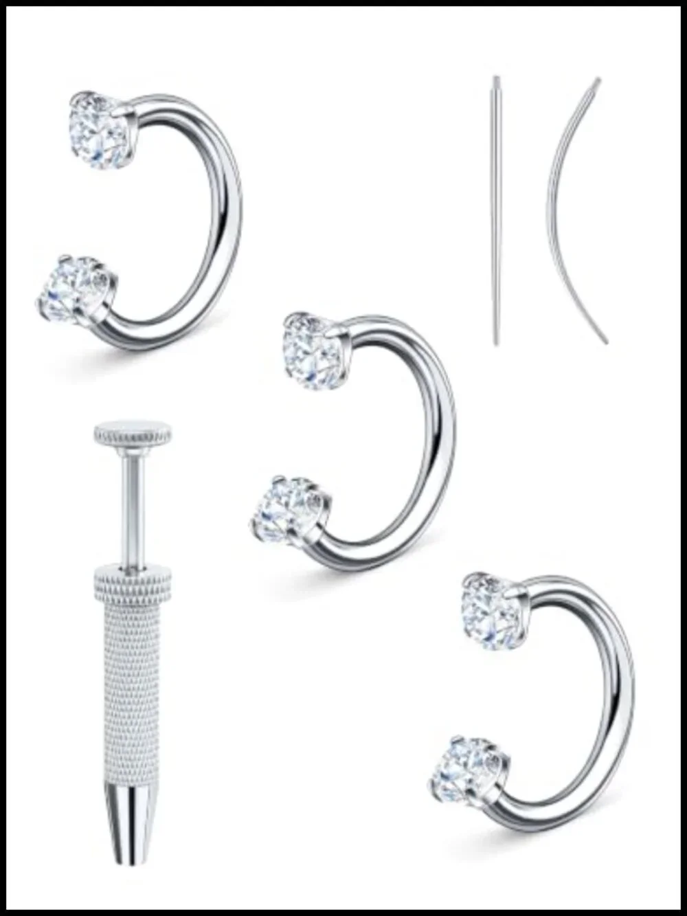 3-Piece Moissanite 925 Sterling Silver Nose Ring Horseshoe Septum Piercing with